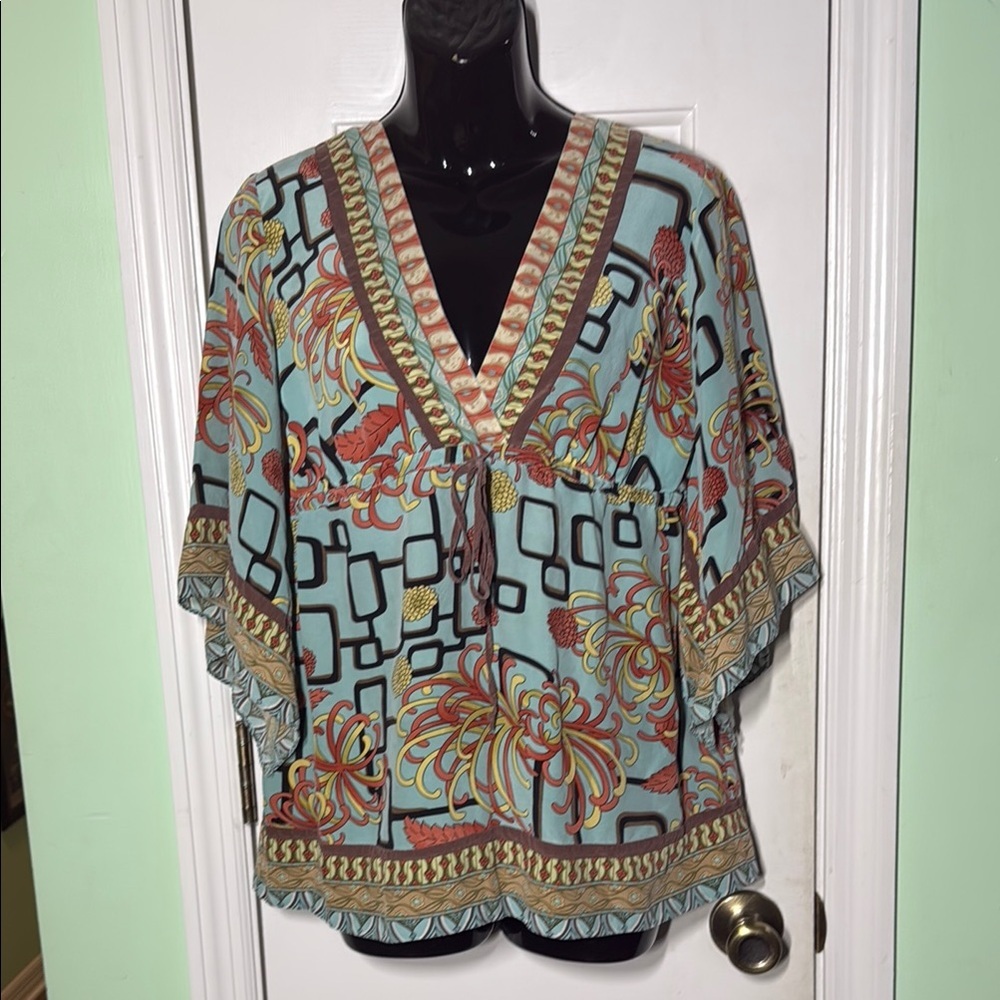 Hale Bob Floral 100% Silk V-Neck 3/4 Sleeve Empire Waist Boho Gypsy Top Size Med